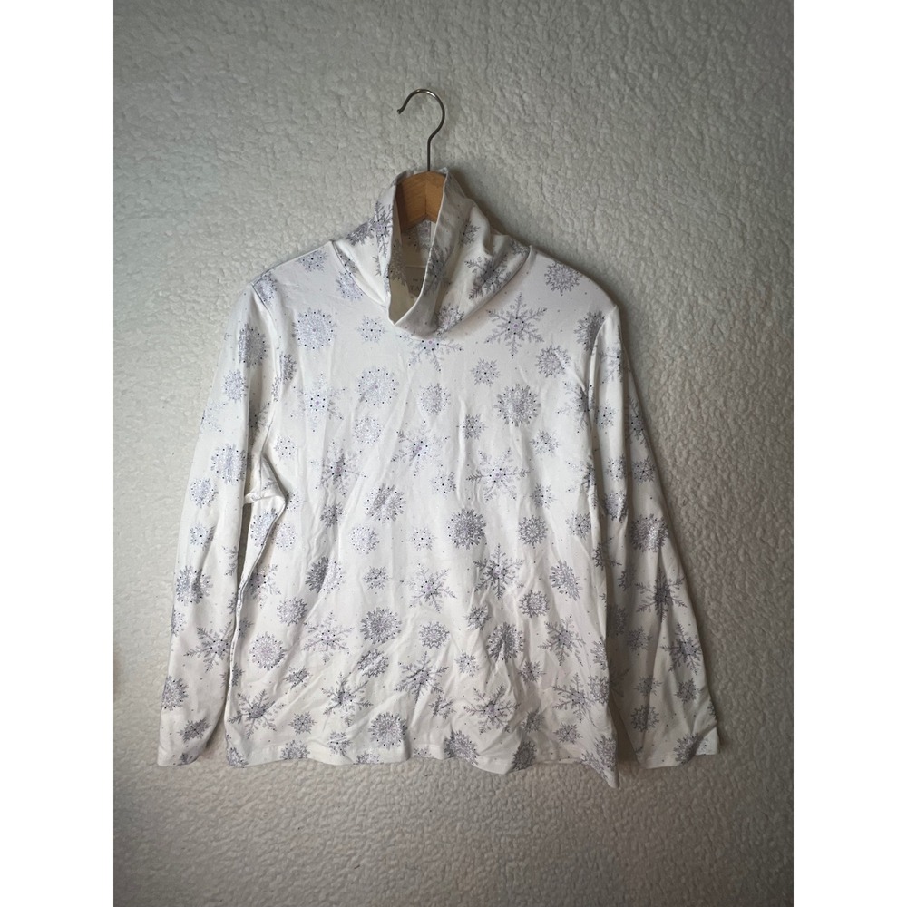 Talbots Petite XL White Snowflake Turtleneck Tee Long Sleeve Winter Top PXL